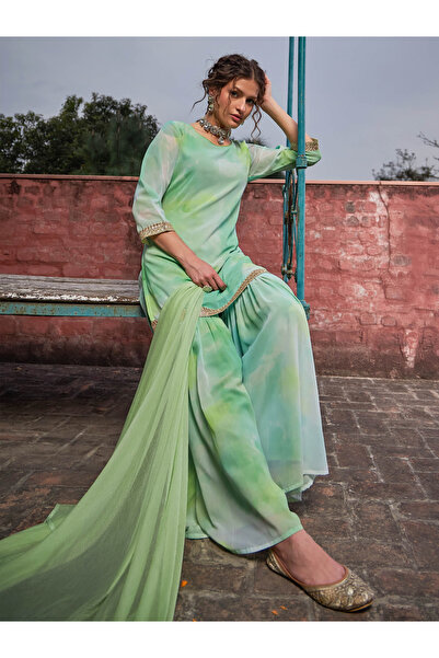 Sassafras By Styli Lime Green Tie-Dye Kurta, Sharara and Dupatta Set