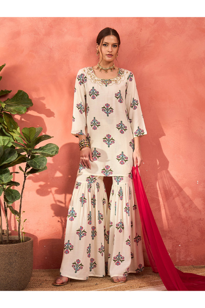 Sassafras By Styli White Floral Embroidered Kurta with Sharara Pants and Dupatta Set