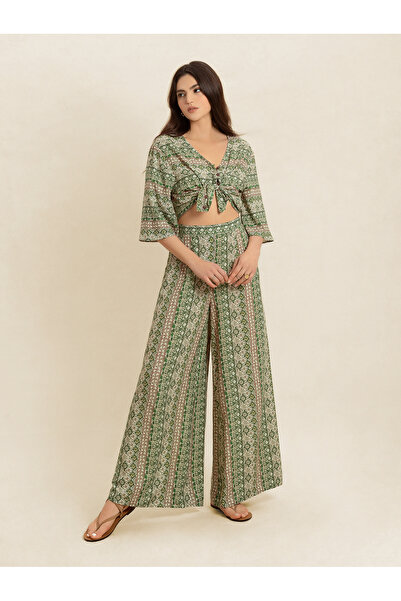 Take Two By Styli Women Printed Boxy Top and Wide Leg Pants Co-Ords