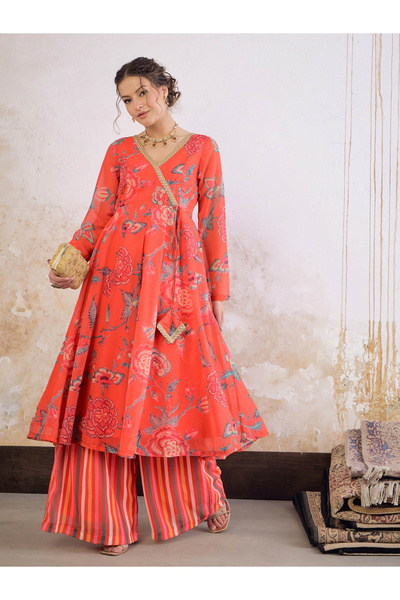 Sassafras By Styli Red Floral Wrap Anarkali Kurta with Stripes Palazzo Set