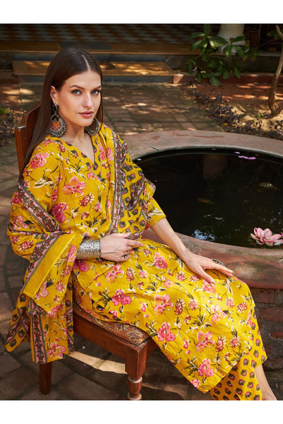 Sassafras By Styli Yellow Floral V-Neck Kurta with Pencil Pants and Dupatta Set