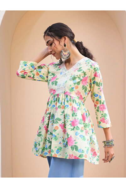 Sassafras By Styli Yellow Floral Cambric V Neck Peplum Kurti