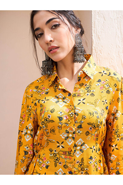 Sassafras By Styli Mustard Floral Buttoned Collar Neck Kurti