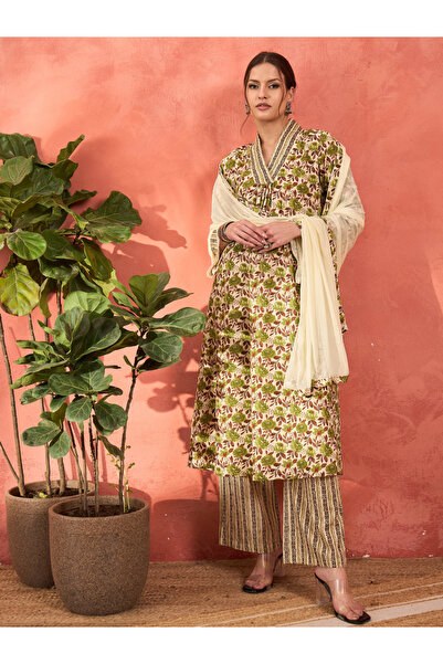 Sassafras By Styli Off White and Green Floral Kurta with Pencil Pants and Dupatta Set