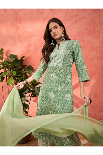 Sassafras By Styli Green Floral Straight Kurta with Pencil Pants and Dupatta Set
