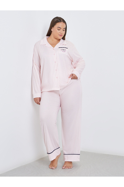 Styli Plus Bow Print Pocket Striped Shirt and Pyjama Set