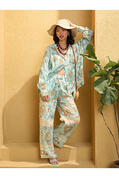 Sassafras By Styli Blue Floral Longline Shirt and Pants Co-Ords