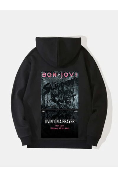 MAGORS سترة روك بقلنسوة من القطن المطبوع بأكمام طويلة وثلاثة خيوط من بون جوفي