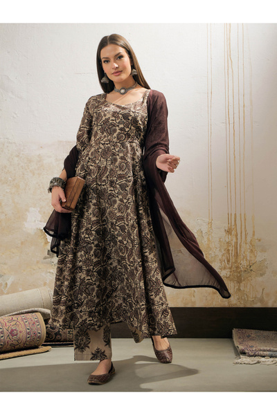 Sassafras By Styli Beige Floral Anarkali Kurta with Pencil Pant and Dupatta Set