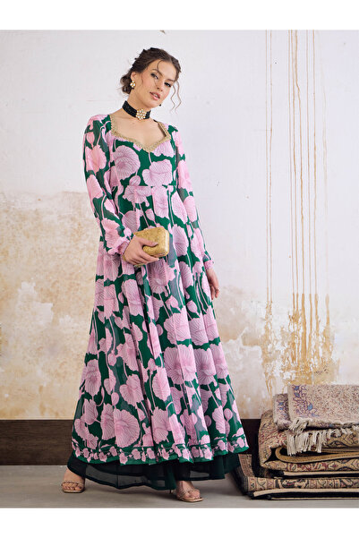 Sassafras By Styli Green and Pink Floral Sweetheart Neck Anarkali Kurta