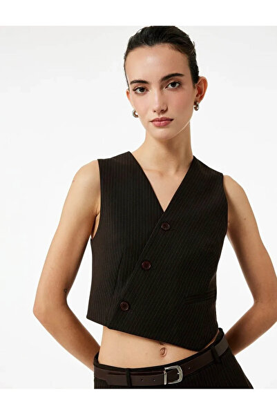 Koton Double Breasted Buttoned Asymmetric Cut Blazer Brown Women's Vest 6Wak2...