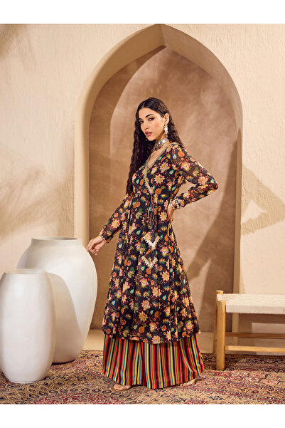 Sassafras By Styli Black Floral Wrap Anarkali Kurta and Palazzo Pants Set