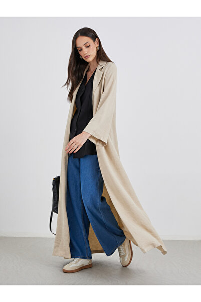 Styli عباية نسائية بيج مفتوحة من الأمام مع شق في الياقة