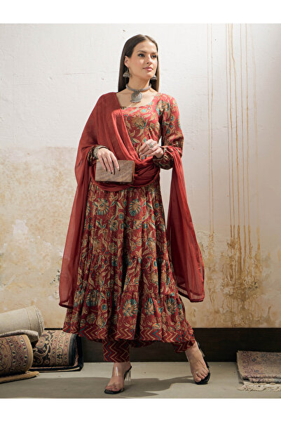 Sassafras By Styli Maroon Floral Tiered Kurta with Pencil Pant and Dupatta Set