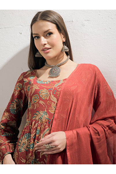 Sassafras By Styli Maroon Floral Tiered Kurta with Pencil Pant and Dupatta Set