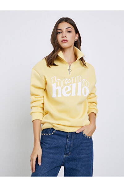 Take Two By Styli Yellow Slogan Print Half Zip Sweater