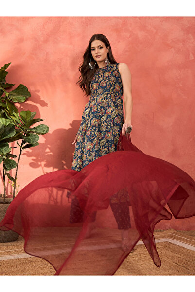 Sassafras By Styli Navy Floral Sleeveless Kurta with Pencil Pants and Dupatta Set