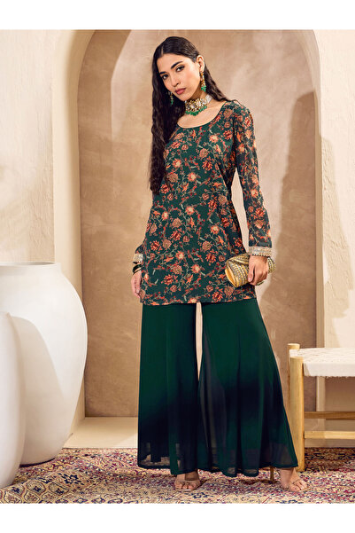 Sassafras By Styli Green Floral Print Kurta and Palazzo Pants Set