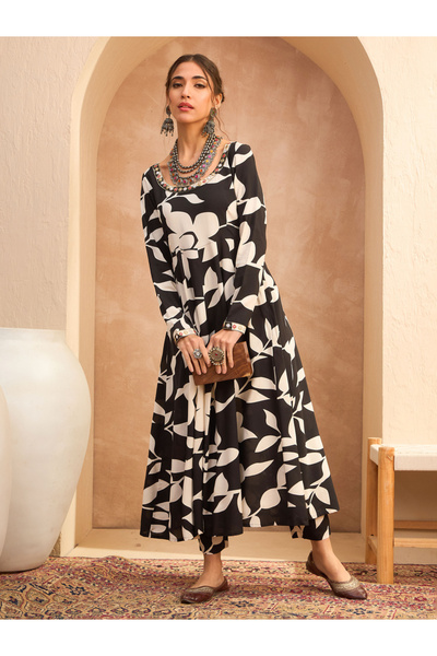 Sassafras By Styli Black Floral Anarkali Kurta and Pants Set