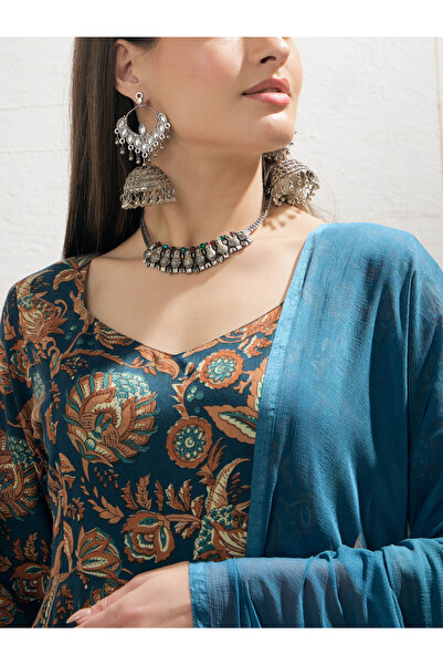 Sassafras By Styli Teal Floral Anarkali Kurta with Pencil Pant and Dupatta Set