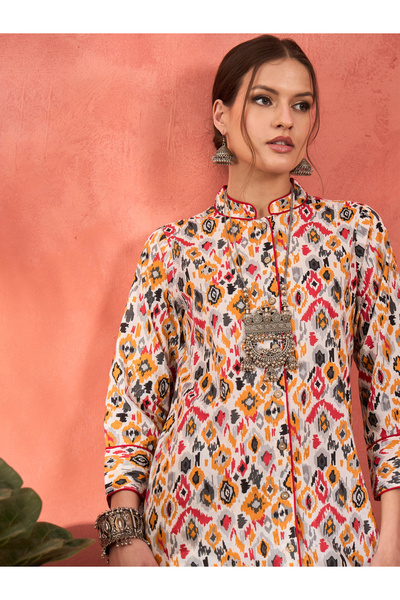 Sassafras By Styli White Printed Front Button Kurta with Pencil Pants Set