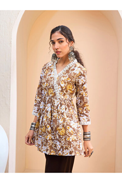 Sassafras By Styli Brown Floral Cambric Wrap Peplum Kurti