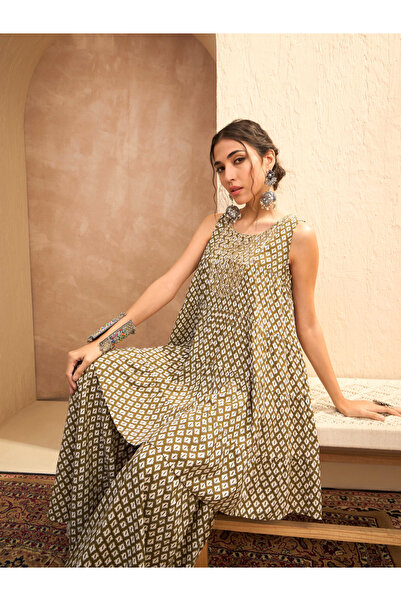 Sassafras By Styli Olive Printed Embroidered Kurta and Sharara Pants Set