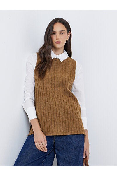Styli Women Brown Ribbed Overlay Shirt