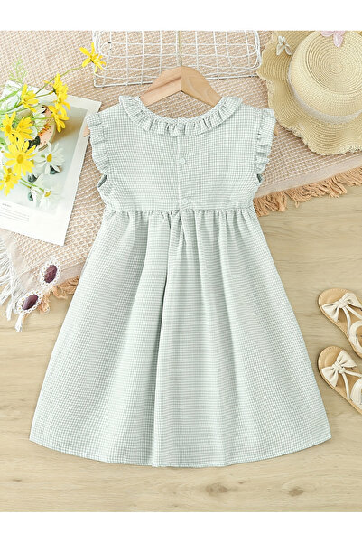 Styli Girls Green Checked Smocked Detail Dress