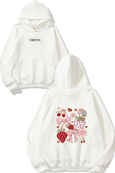 urbvn Coquette Tasarım Baskılı Oversize Beyaz Kapüşonlu Sweatshirt