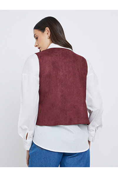 Styli Red Embroidered Velvet Look Waistcoat