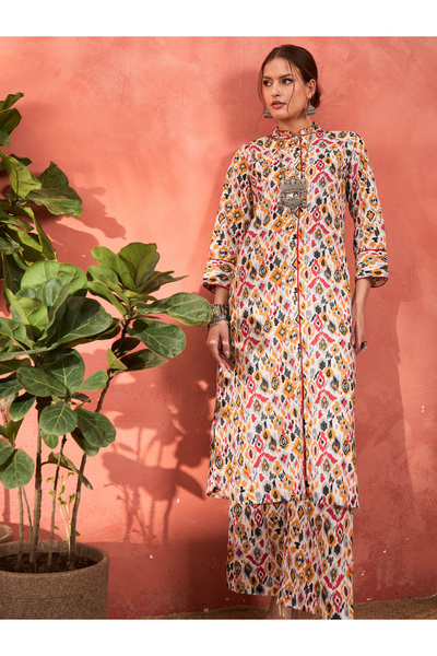 Sassafras By Styli White Printed Front Button Kurta with Pencil Pants Set