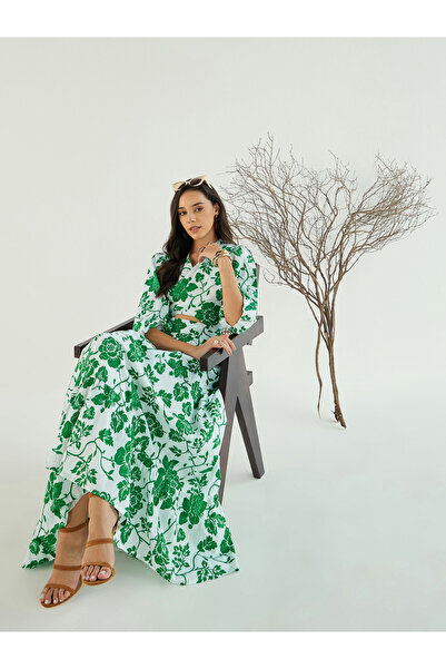 Sassafras By Styli Green Tie-Front Crop Top and Maxi Skirt Co-Ords