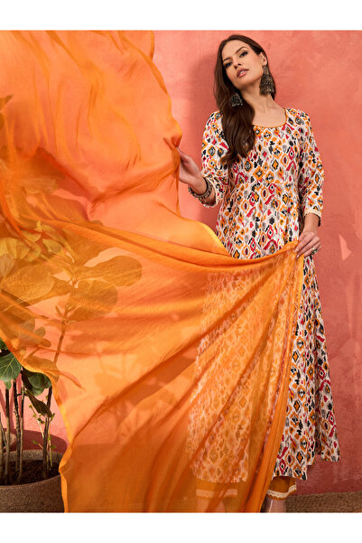 Sassafras By Styli White Printed Cambric Anarkali Kurta with Pencil Pants and Dupatta Set