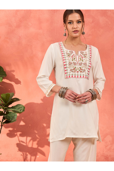 Sassafras By Styli White Rayon Embroidered Short Kurta with Salwar Set