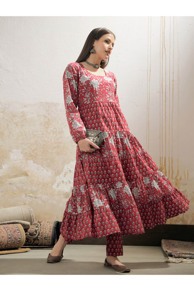 Sassafras By Styli Maroon and White Cambric Tiered Kurta with Pencil Pants Set
