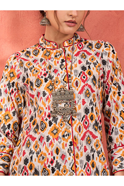 Sassafras By Styli White Printed Front Button Kurta with Pencil Pants Set