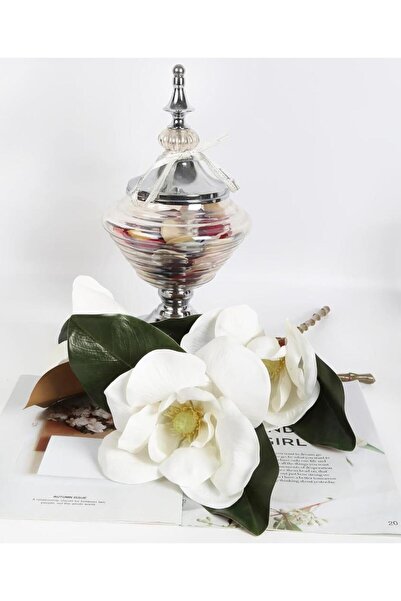 Nettenevime Yapay Çiçek 3Dallı Buket Manolya Gerçek Dokulu Magnolia 32cm BEYAZ
