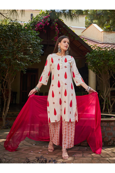 Sassafras By Styli White and Red Floral Straight Kurta with Pencil Pants and Dupatta Set