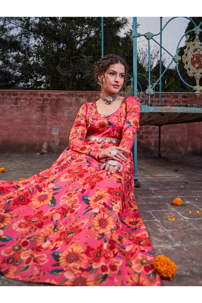 Sassafras By Styli Pink Floral Poly Muslin Anarkali Kurta