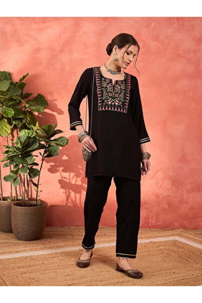 Sassafras By Styli Black Rayon Embroidered Short Kurta with Salwar Set