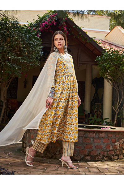 Sassafras By Styli Yellow Floral Gathered Kurta with Pencil Pants and Dupatta Set