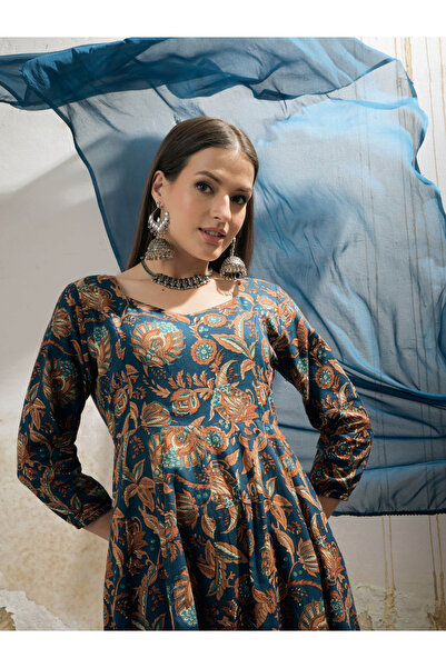 Sassafras By Styli Teal Floral Anarkali Kurta with Pencil Pant and Dupatta Set