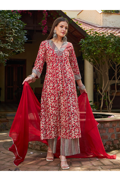 Sassafras By Styli Maroon Geometric Print V-Neck Kurta with Pencil Pants and Dupatta Set
