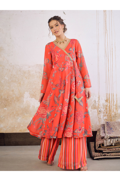 Sassafras By Styli Red Floral Wrap Anarkali Kurta with Stripes Palazzo Set