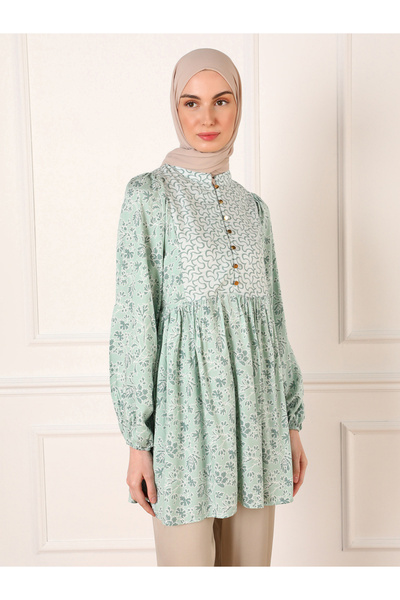 Refka By Styli Green Floral Print Balloon Sleeve Buttoned Tunic