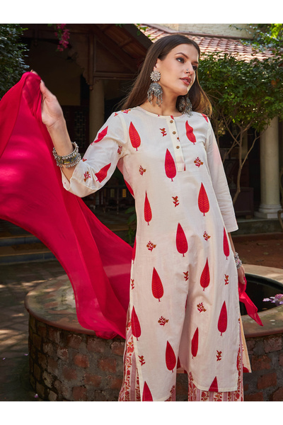 Sassafras By Styli White and Red Floral Straight Kurta with Pencil Pants and Dupatta Set