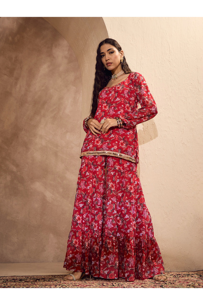 Sassafras By Styli Red Floral Print Kurta and Tiered Sharara Set