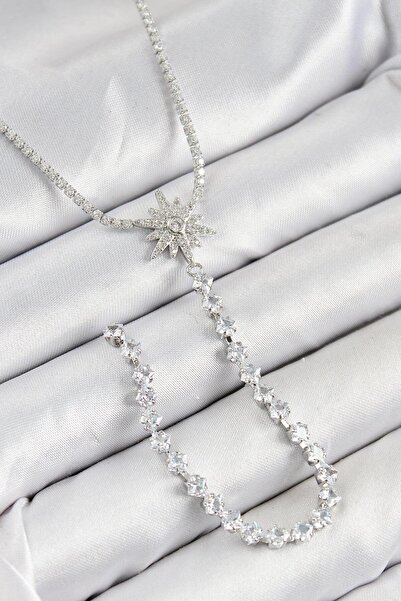 REBORN DESIGN قلادة من النحاس الأصفر والزركون بحجر القطب النجمي موديل فضي الل...