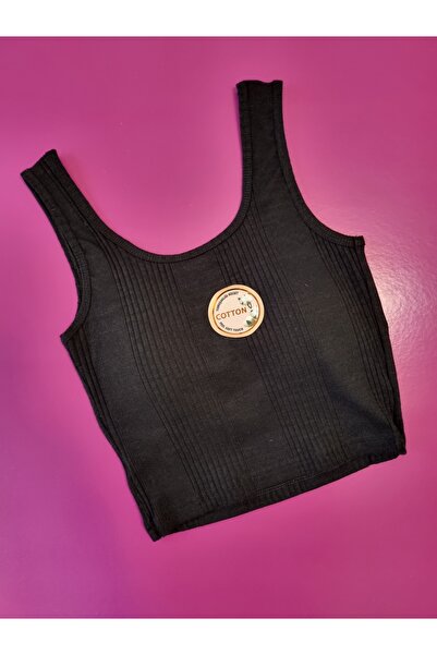 Demirsa Boutique Camisole Fabric Oval Neck Black Women's Fixed Pad Crop Blouse Tank Top
